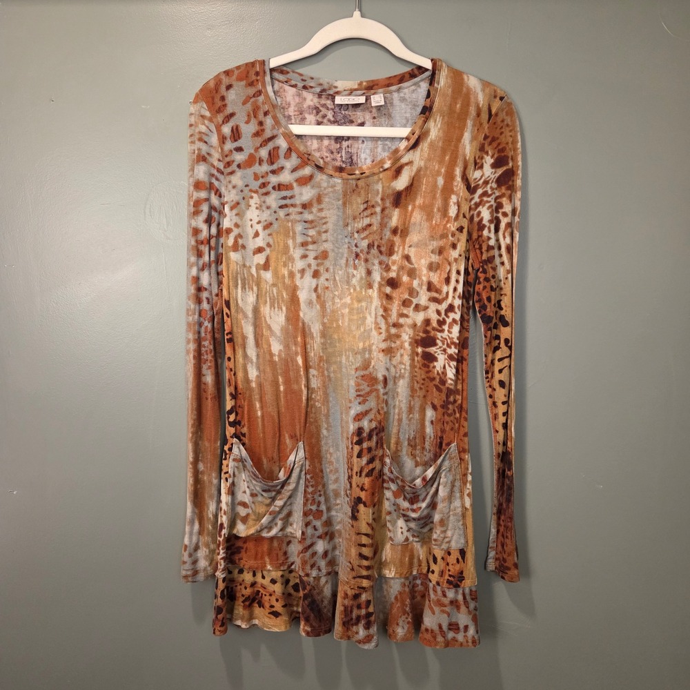 LOGO Lori Goldstein Women's XS Long‎ Sleeve Jersey Knit Tunic Animal Print Multi
